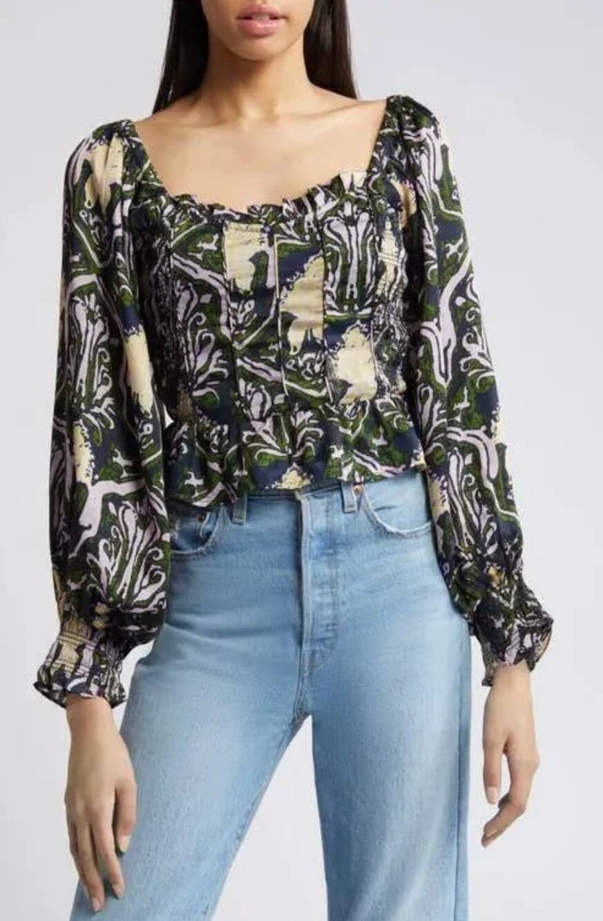 Cleobella Dakota Blouse Womens M Casablanca Green Smocked Peplum Hem Boho